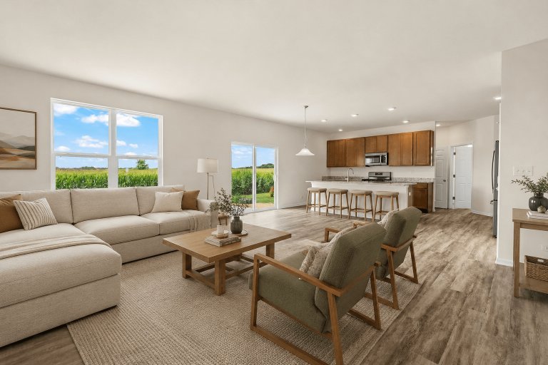 Open-concept living area and kitchen in the Truman floor plan featuring spacious layout, center island, modern cabinetry, and seamless flow between cooking and gathering spaces.