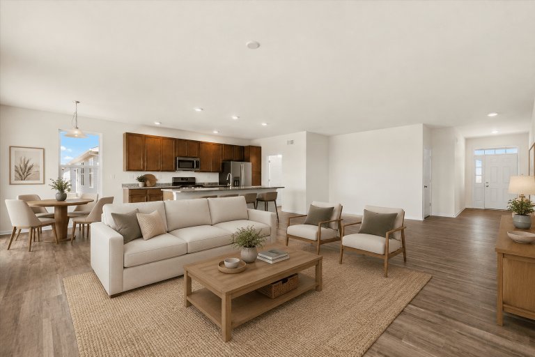 Open-concept living area and kitchen in the Truman floor plan featuring spacious layout, center island, modern cabinetry, and seamless flow between cooking and gathering spaces.